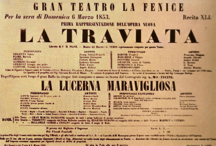 Cartaz da estreia de La Traviata no Gran Teatro La Fenice, 6 de março de 1853
